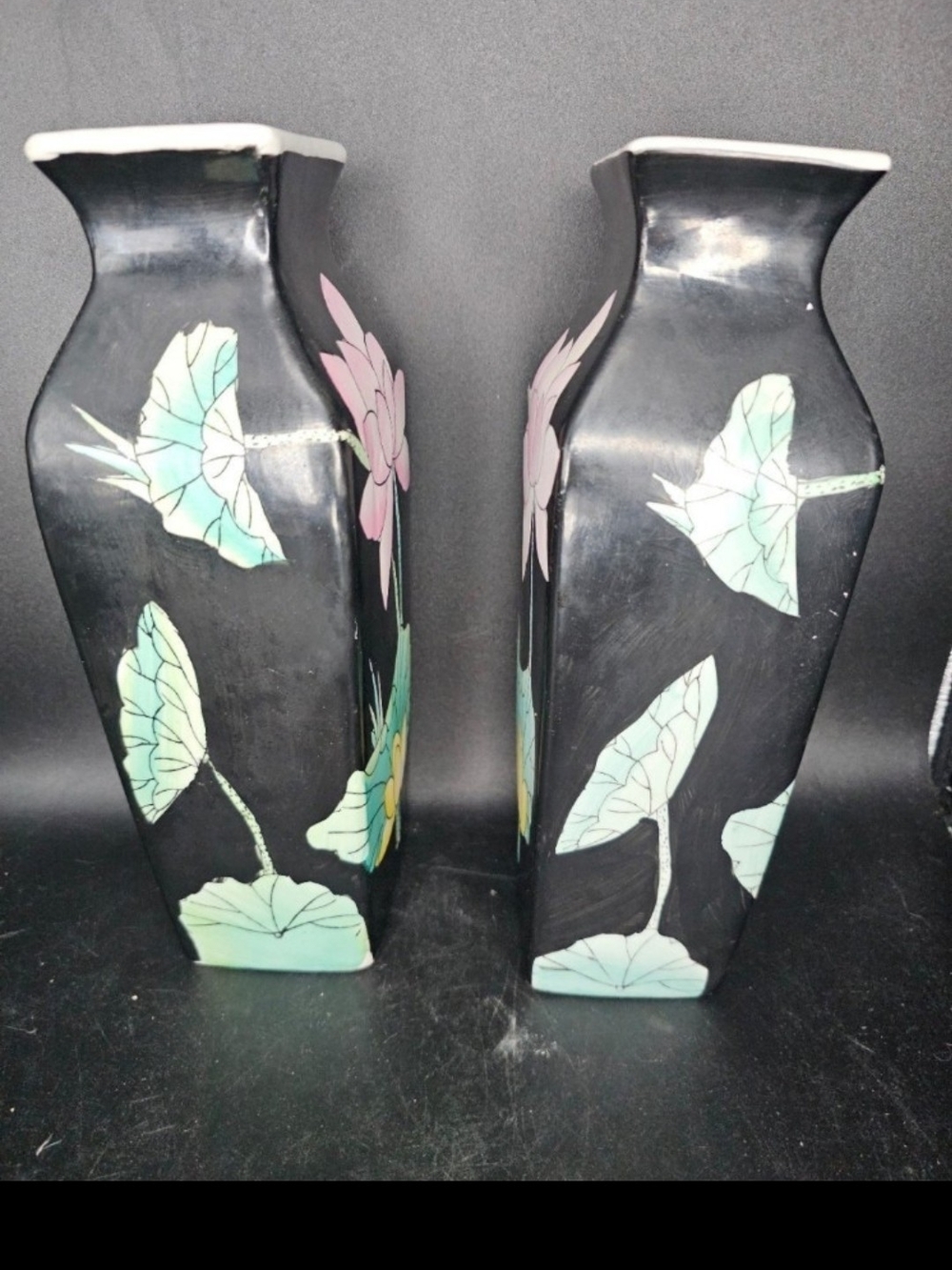Handmade Vintage Ceramic Asian Decorated Pair Of Handpainted Vases